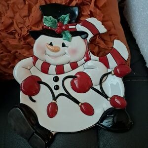Fitz and Floyd Snowman Wine & Hors d'oeuvre Plate with Red and Black Accents